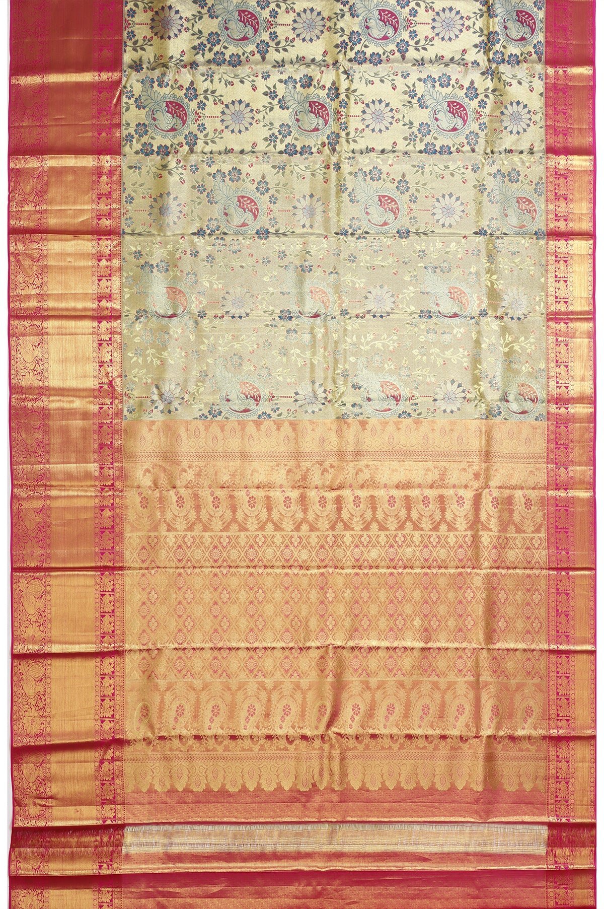 Gold Kanchipuram Silk Saree with Mayil Motifs and Pink Pallu - Image 4