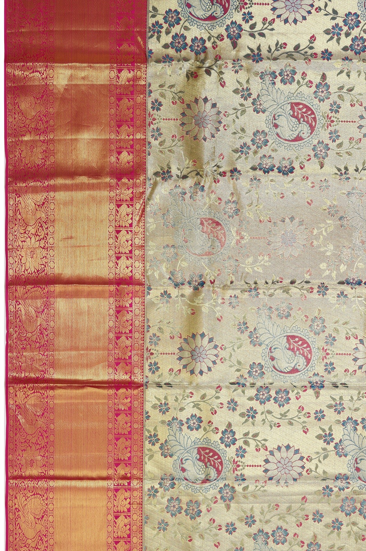 Gold Kanchipuram Silk Saree with Mayil Motifs and Pink Pallu - Image 3