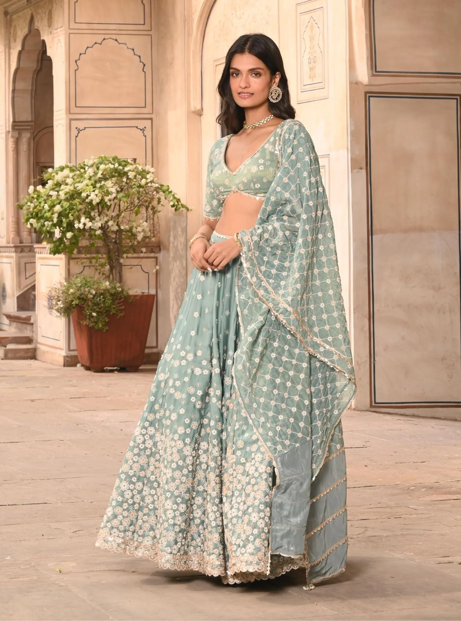 Baliye Organza Satin Teal Blue Lehenga - Image 3