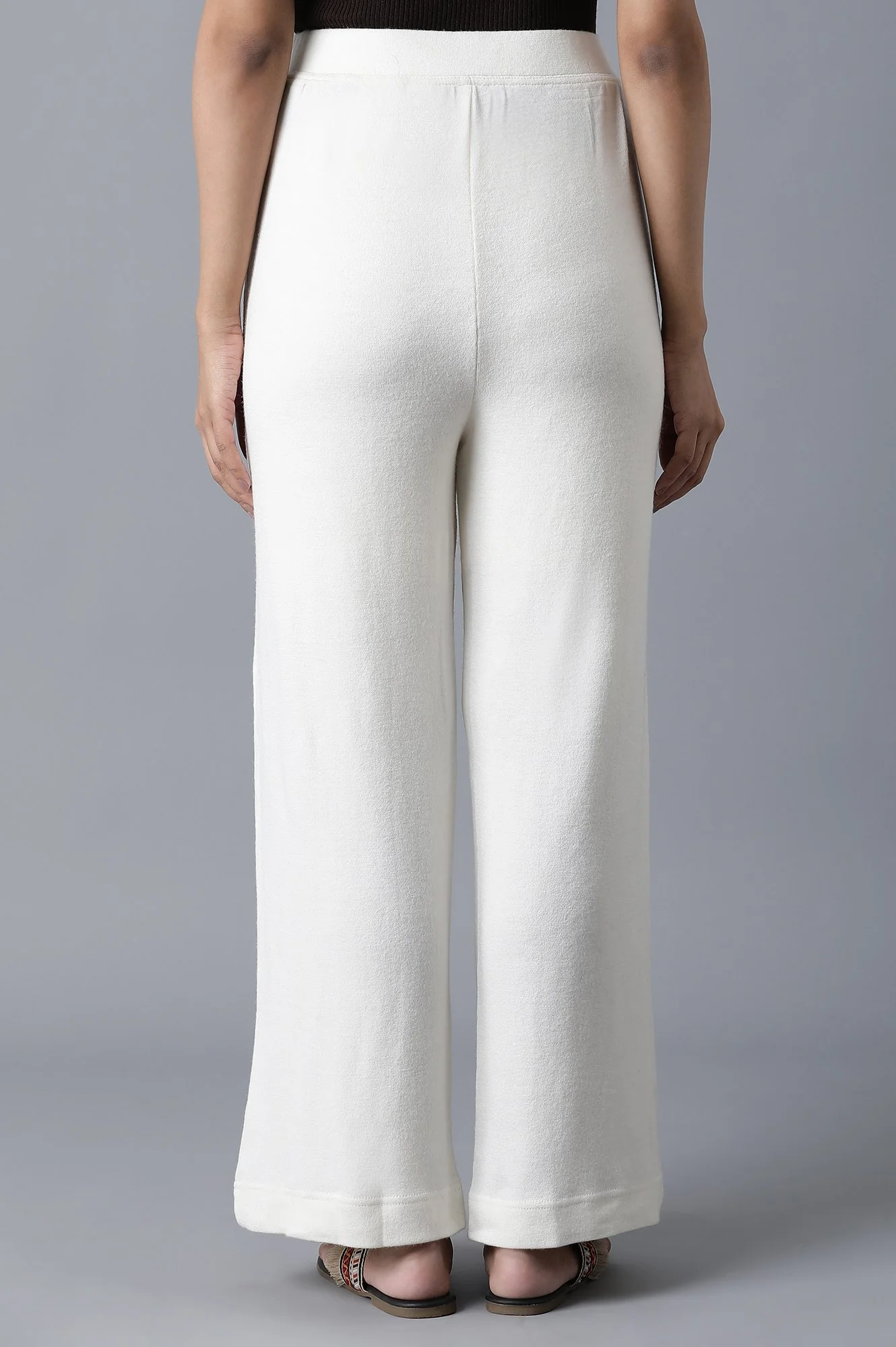 White Solid Straight Fit Palazzo With Elasticated Waistband - Image 3