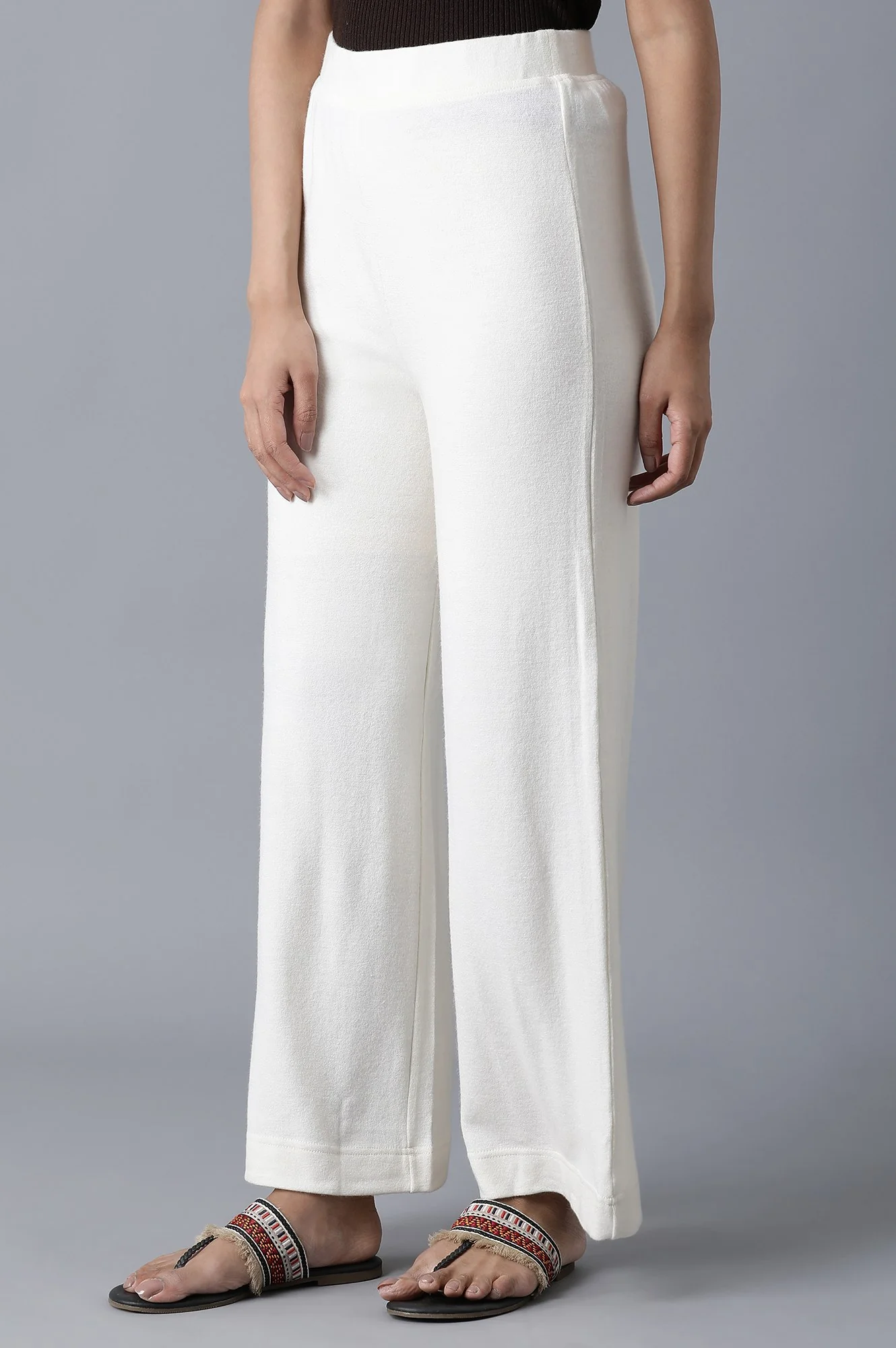 White Solid Straight Fit Palazzo With Elasticated Waistband - Image 4