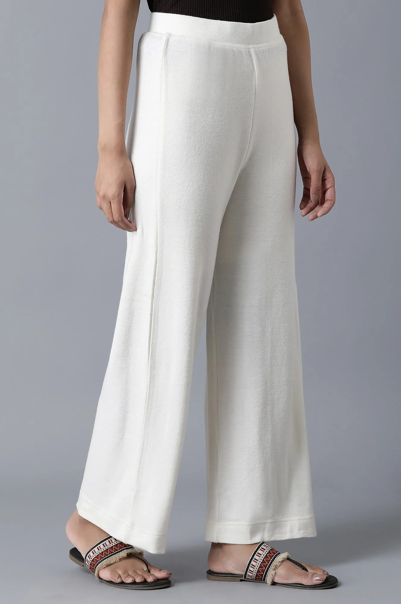 White Solid Straight Fit Palazzo With Elasticated Waistband - Image 5