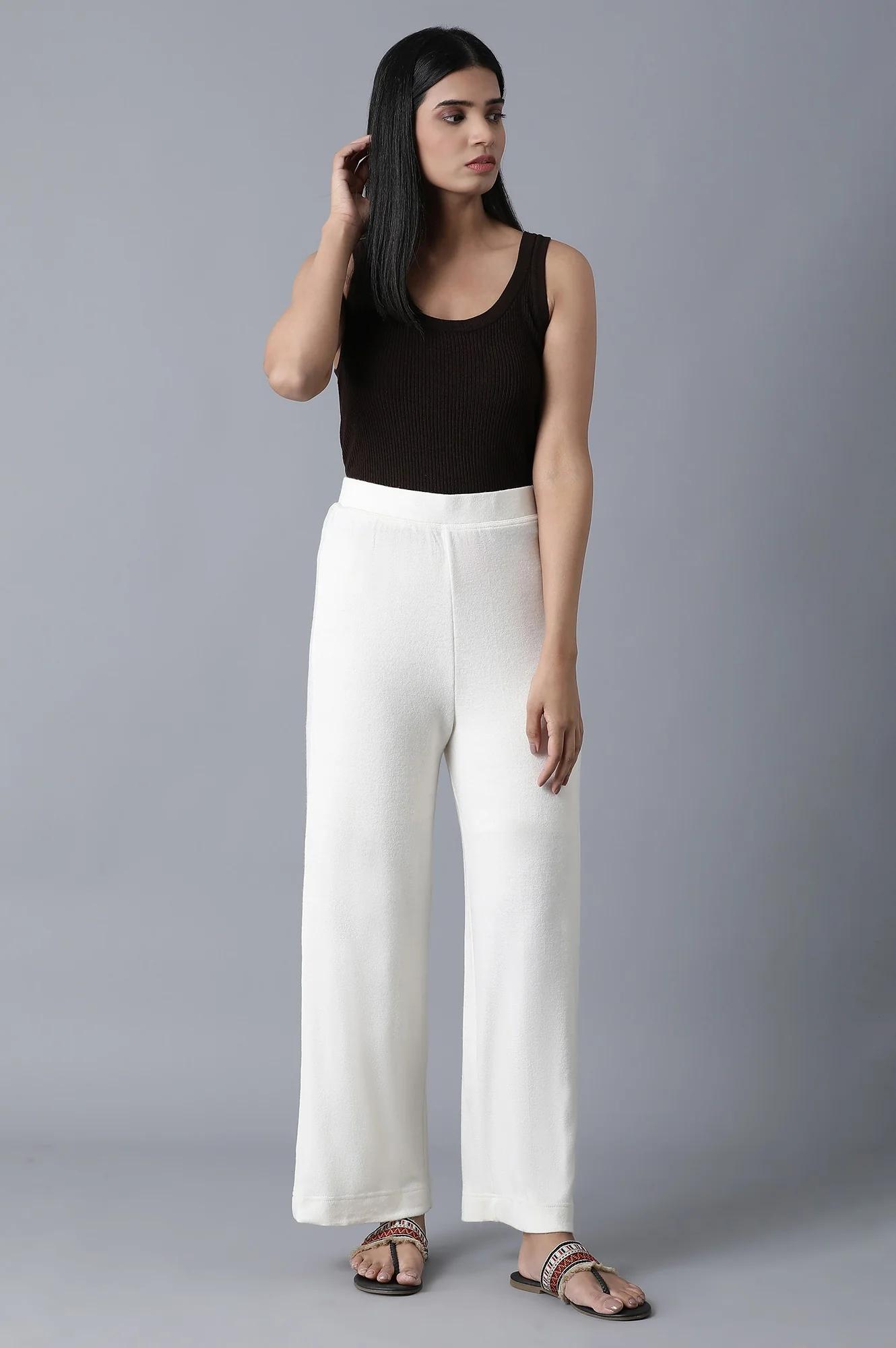 White Solid Straight Fit Palazzo With Elasticated Waistband - Image 6
