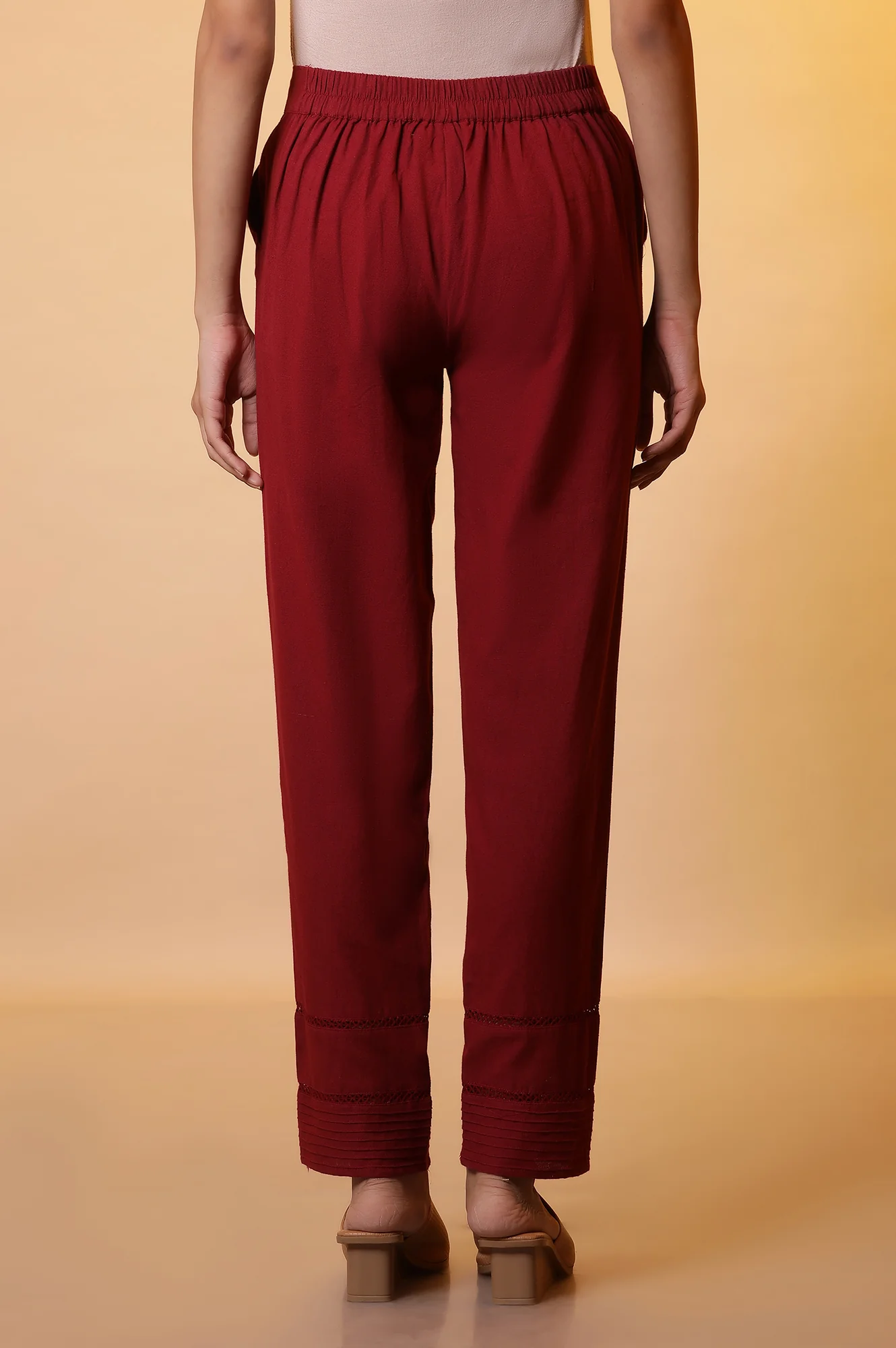 Maroon Lace Insert Pintuck Trousers - Image 4