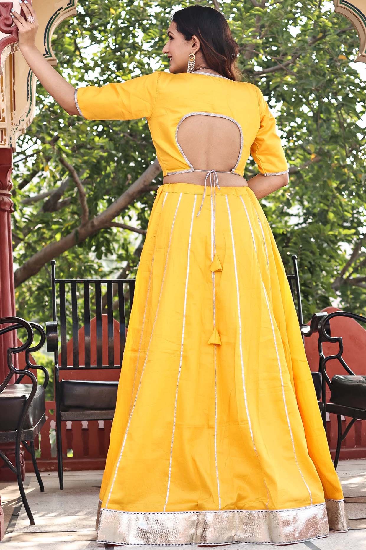 Yellow Cotton Silk Gota Work Kalidar Flared Lehenga Set - Image 3
