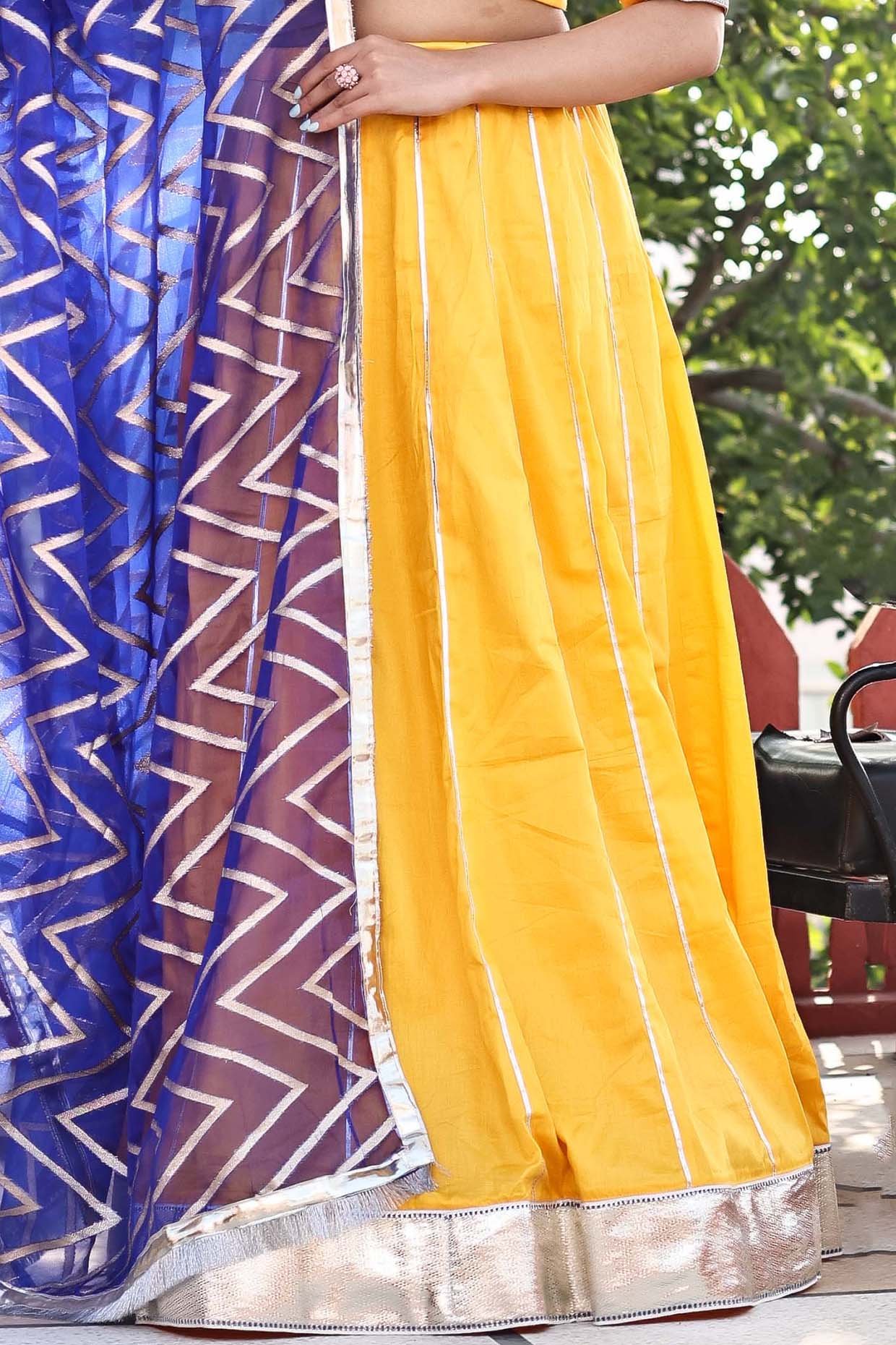 Yellow Cotton Silk Gota Work Kalidar Flared Lehenga Set - Image 5