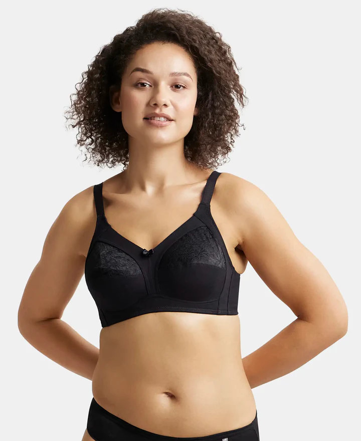 Wire free Non Padded Super Combed Cotton Elastane Stretch Full Coverage Plus Size Bra with Lace Styling - Image 2