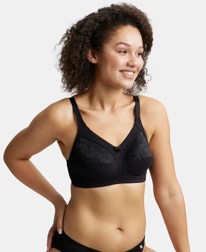 Wire free Non Padded Super Combed Cotton Elastane Stretch Full Coverage Plus Size Bra with Lace Styling - Image 6