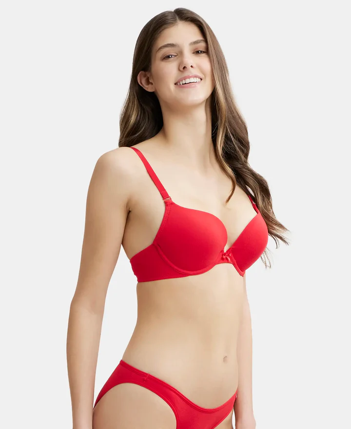 Wired Padded Super Combed Cotton Elastane Stretch Medium Coverage Pushup Bra with Plunge Neck - Image 2