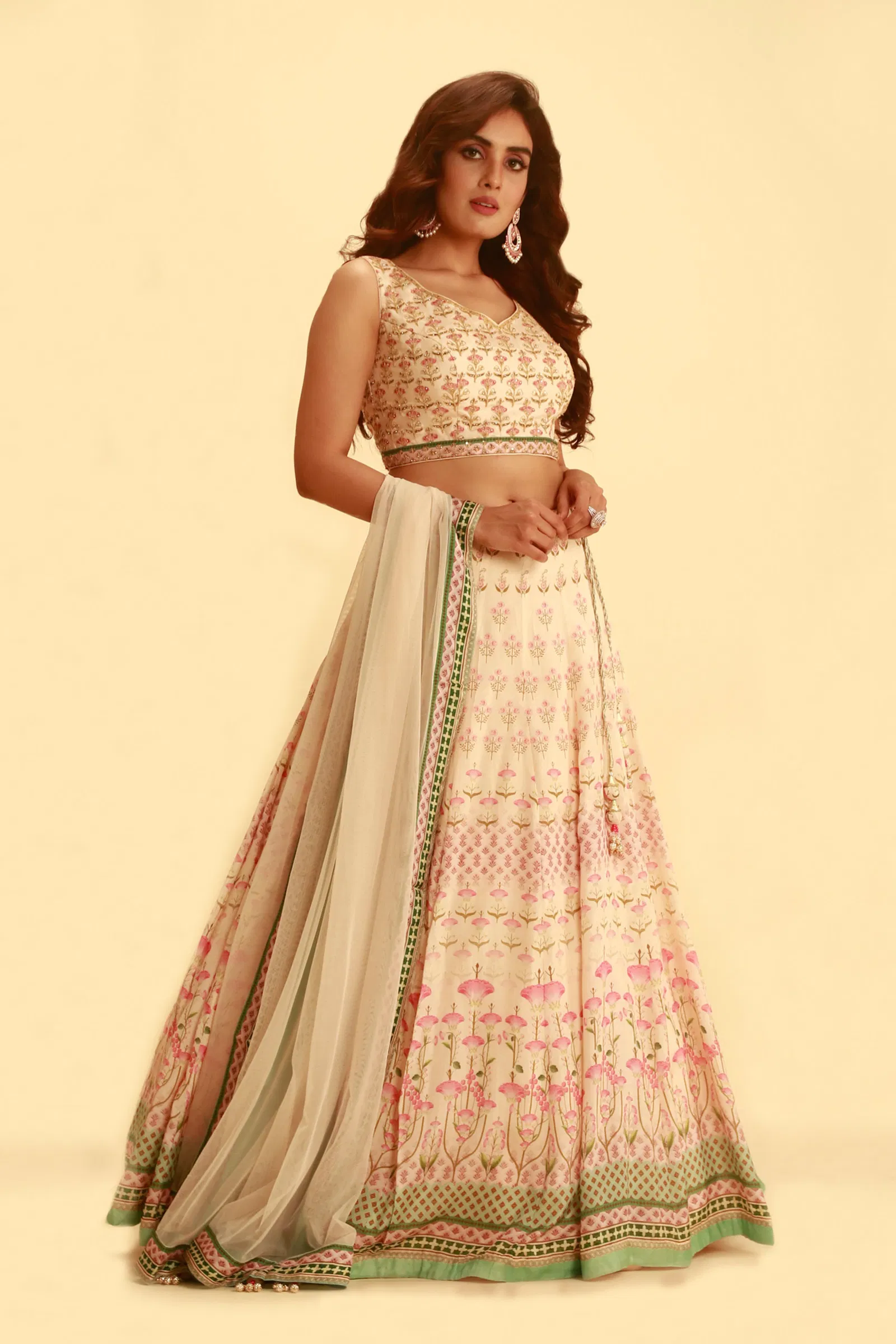 pink printed lehenga set with contrast fern green colour and matching tulle dupatta - Image 2