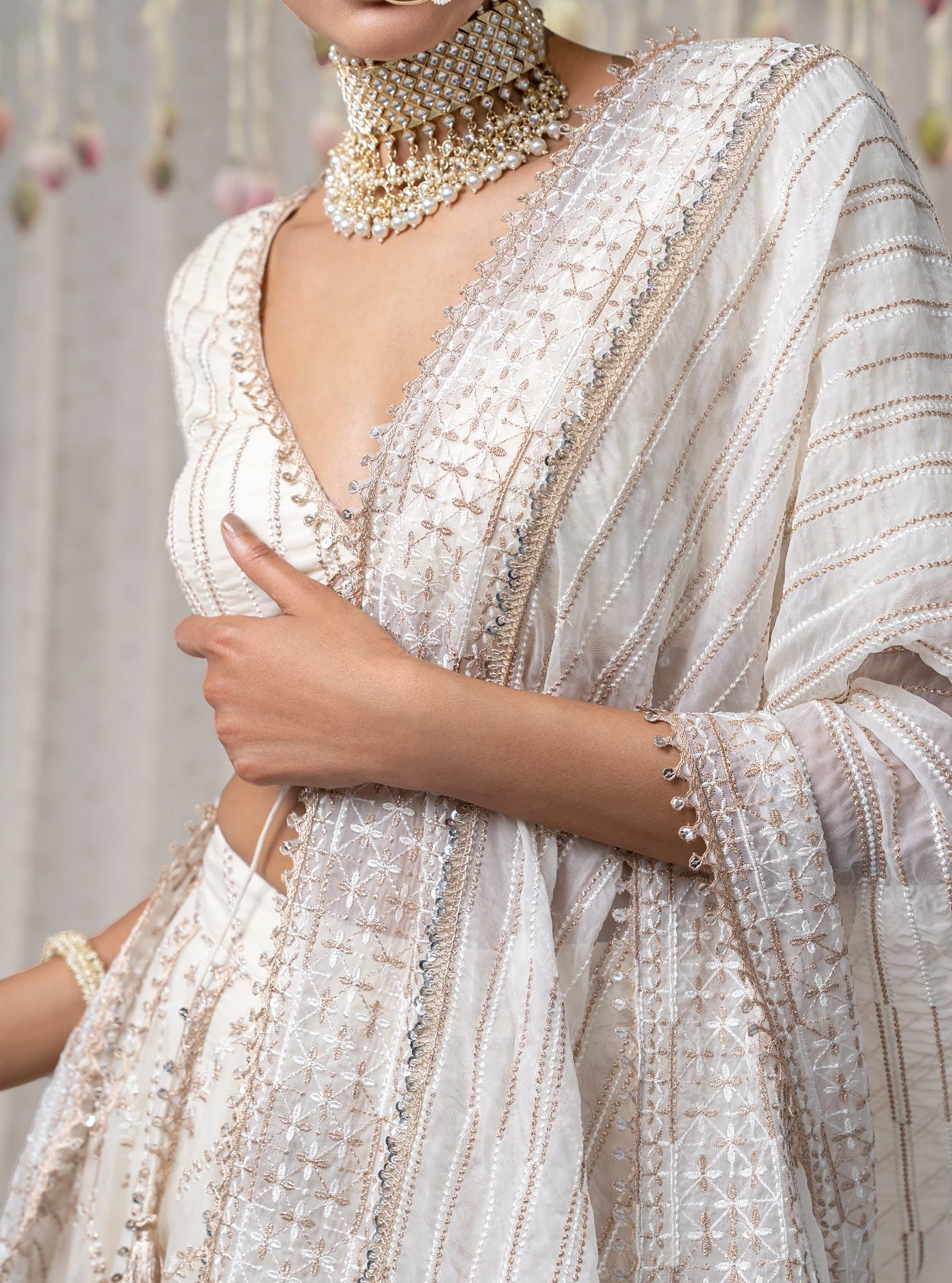 Gulmohar Organza Off White Lehenga - Image 3