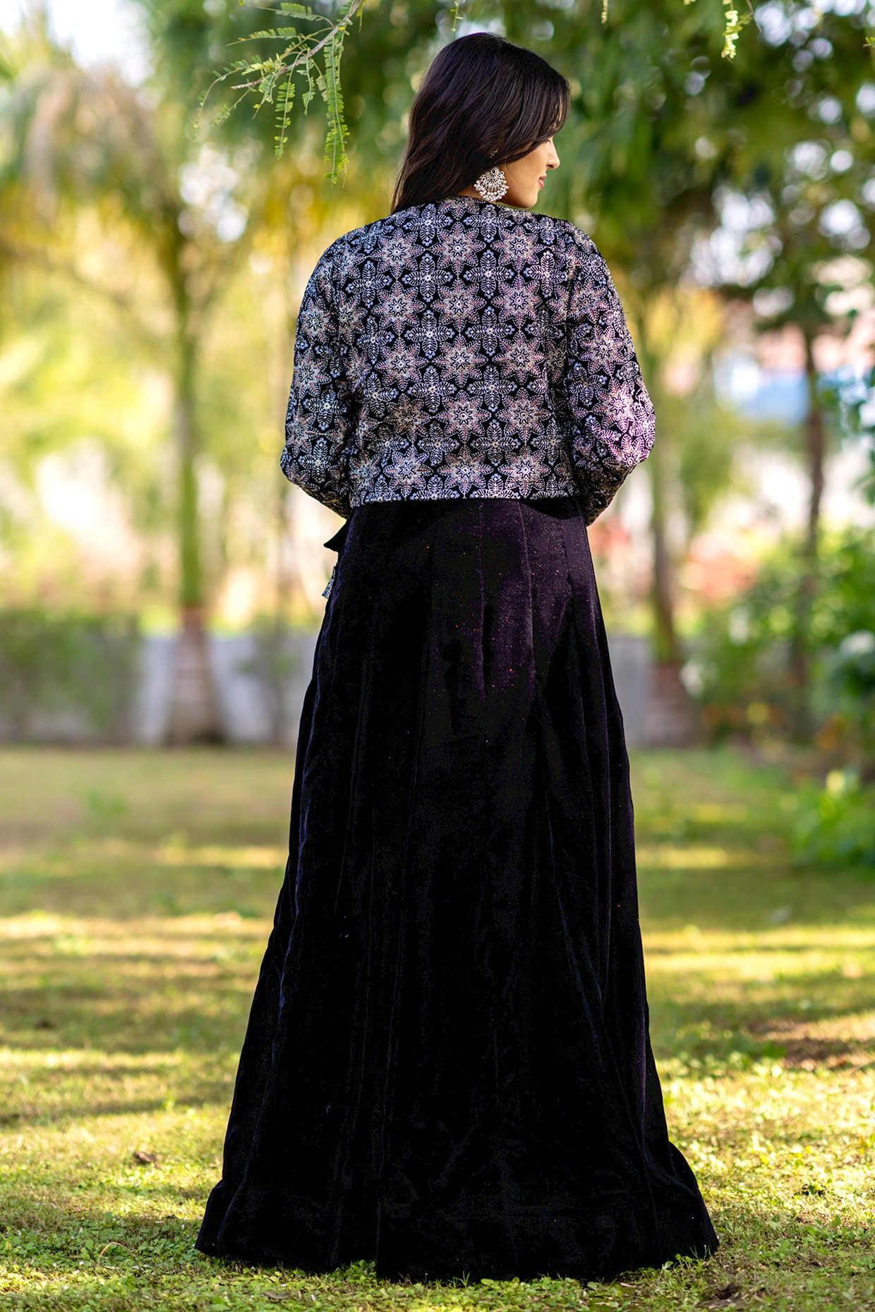 Black Velvet Embellished Jacket Lehenga Set - Image 3