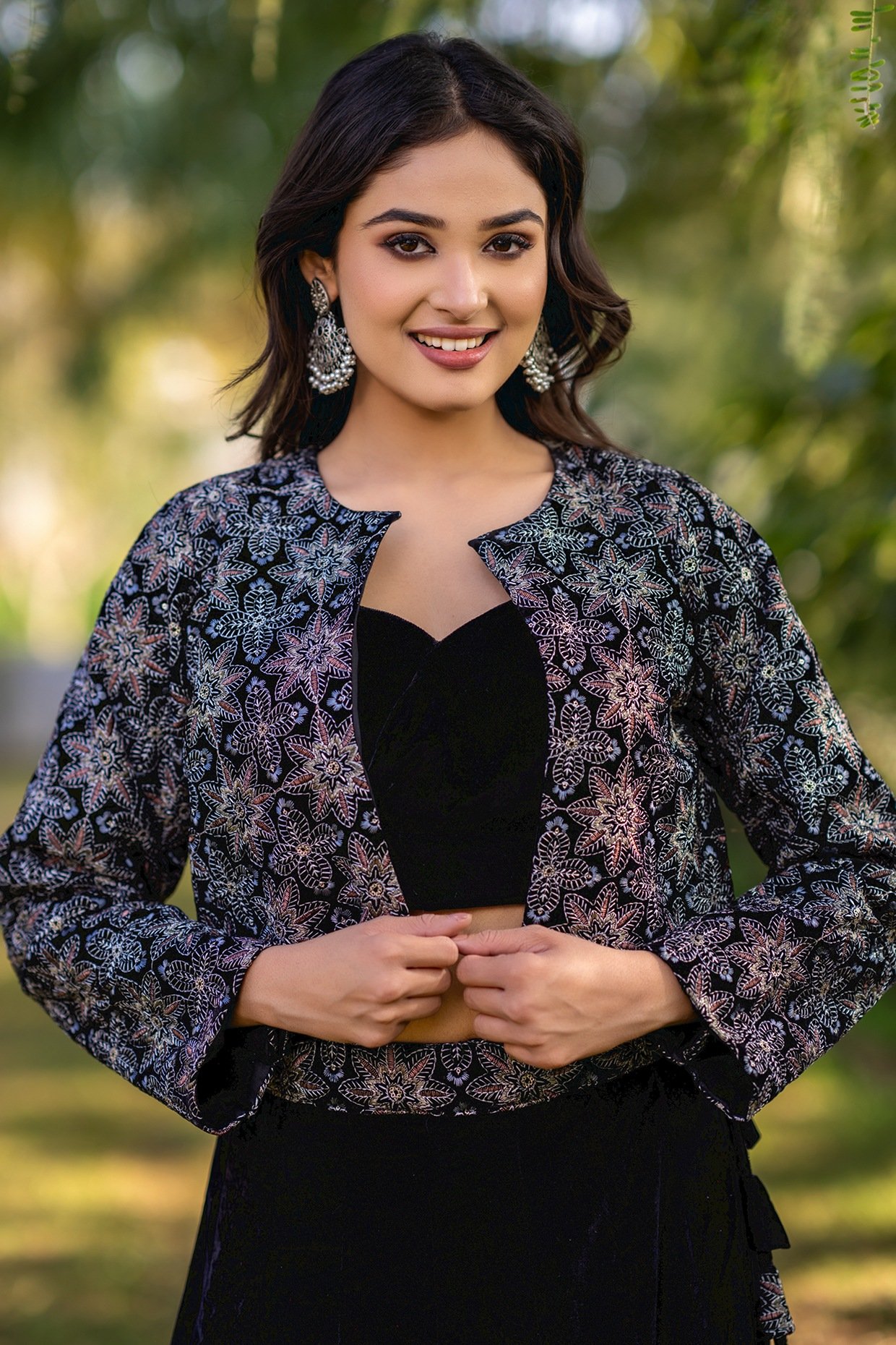 Black Velvet Embellished Jacket Lehenga Set - Image 4