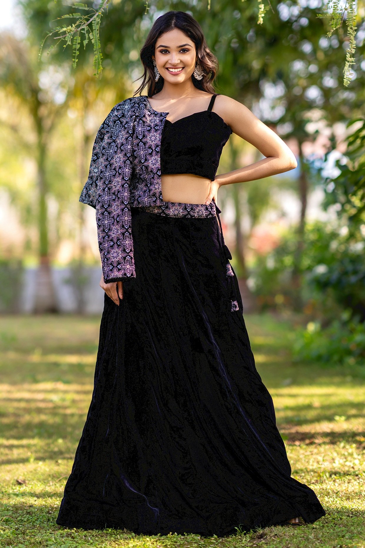 Black Velvet Embellished Jacket Lehenga Set - Image 5