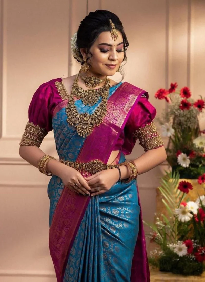 Aqua Blue Litchi Silk Zari Jacquard Saree A Classy Wear Festive Wear - Image 2