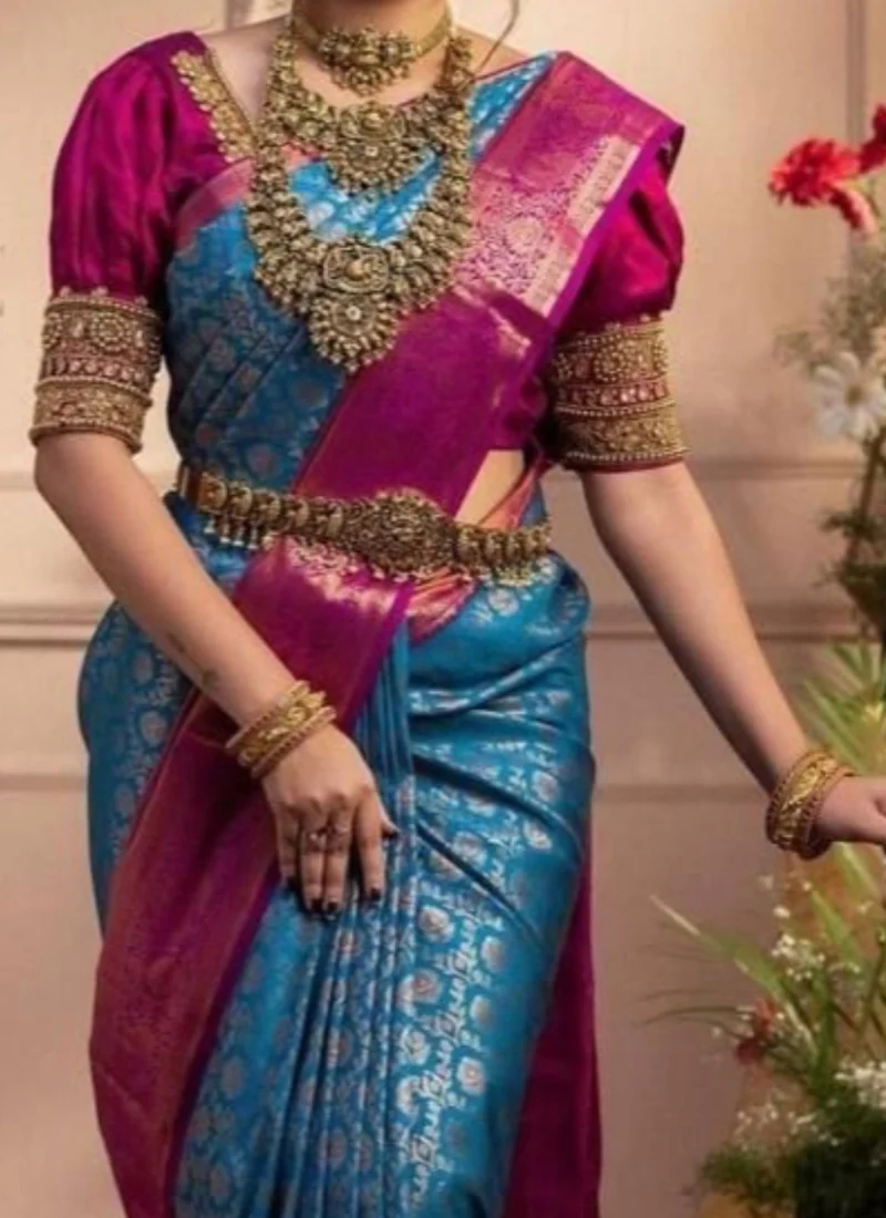 Aqua Blue Litchi Silk Zari Jacquard Saree A Classy Wear Festive Wear - Image 3