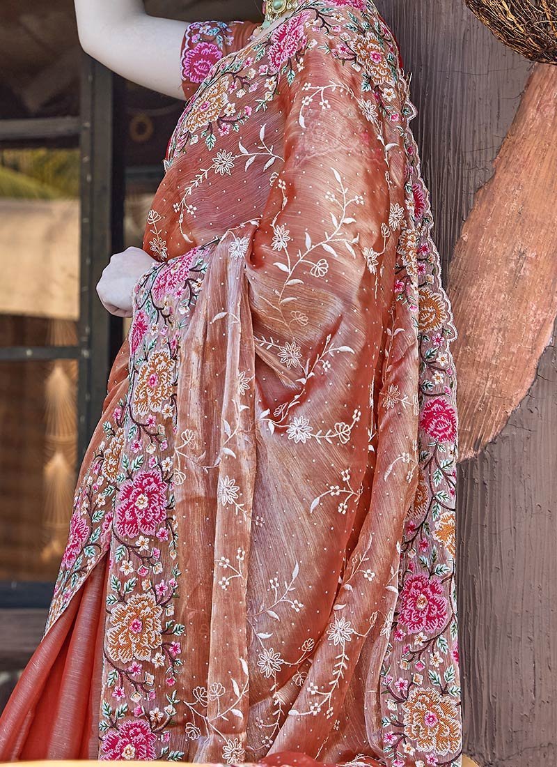 Floral Embroidered Sequins Stone Embossed Saree Festive Wear - Image 3