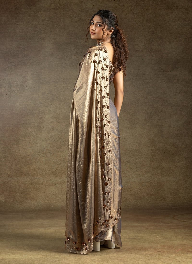 Grey Satin Silk Hand Embroidered Sequins With Applique And Stone Work Saree Wedding Wear - Image 2
