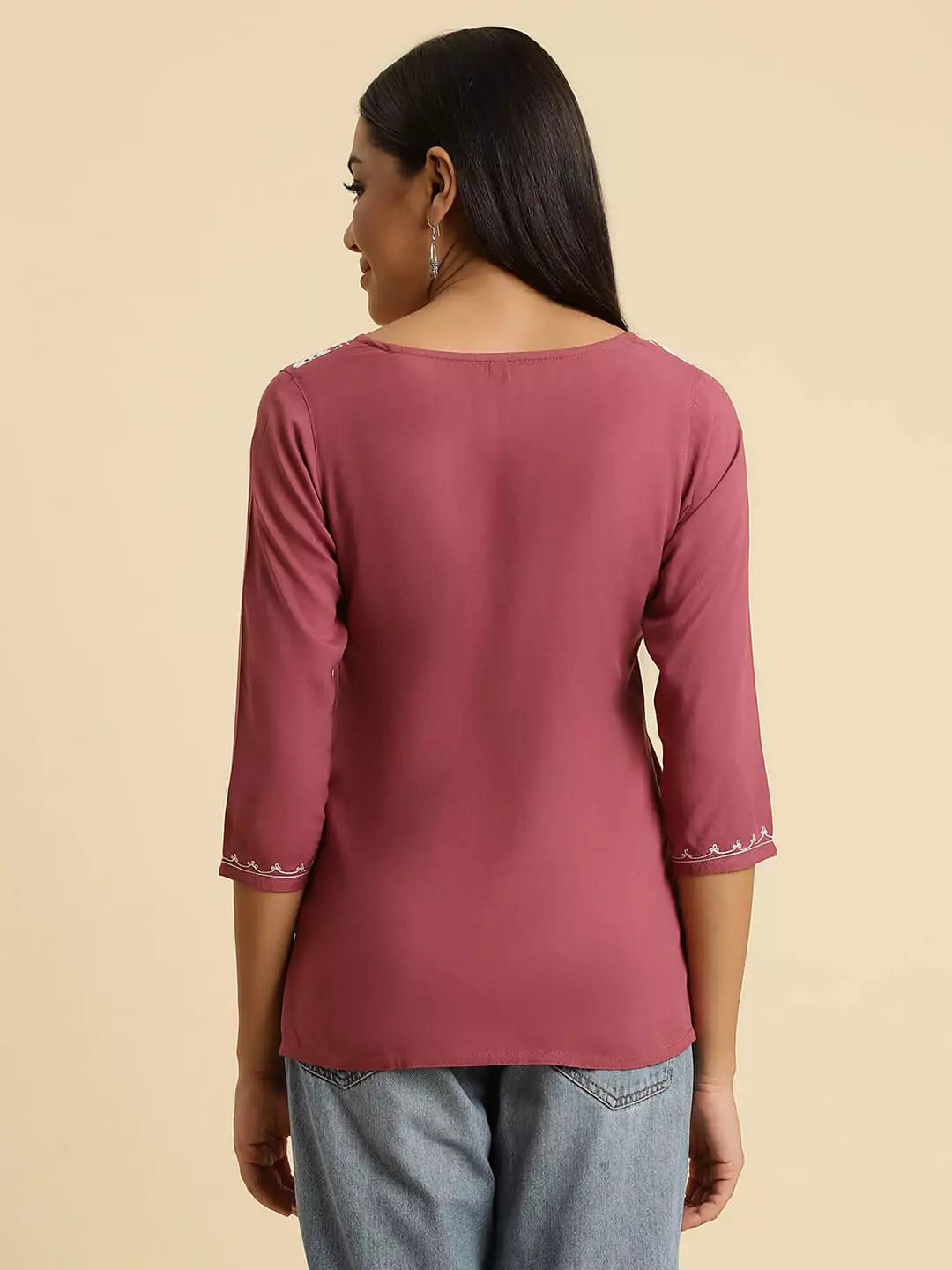 Pink Kashmiri Silk Work Short Kurti - Image 2