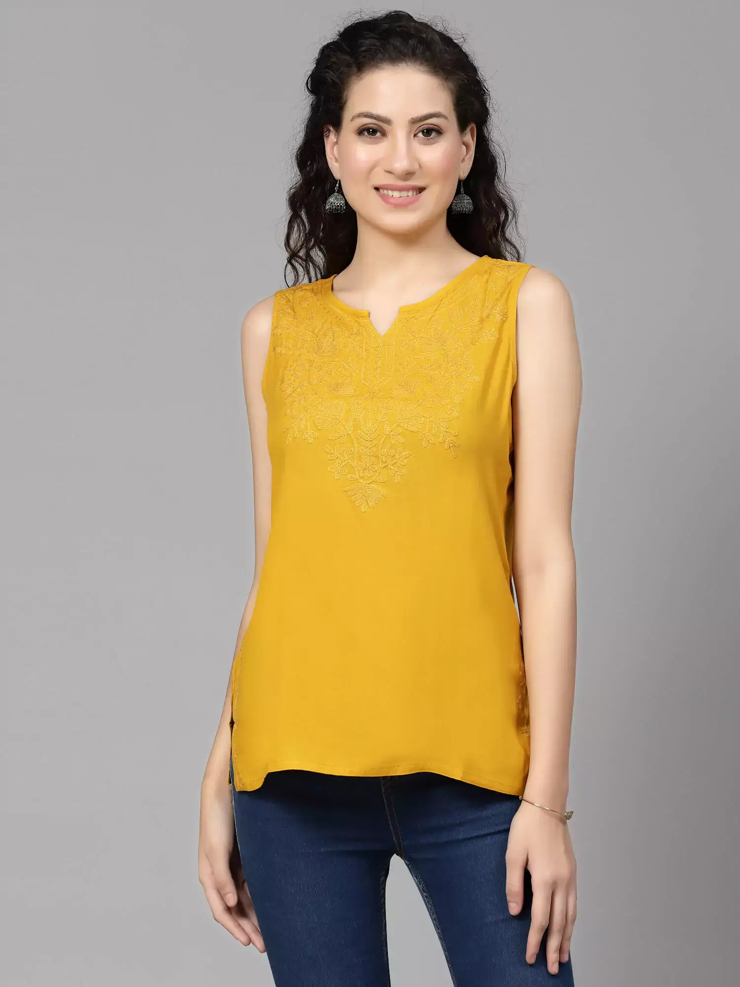 Mustard Self Embroidered Sleeveless Short Kurti
