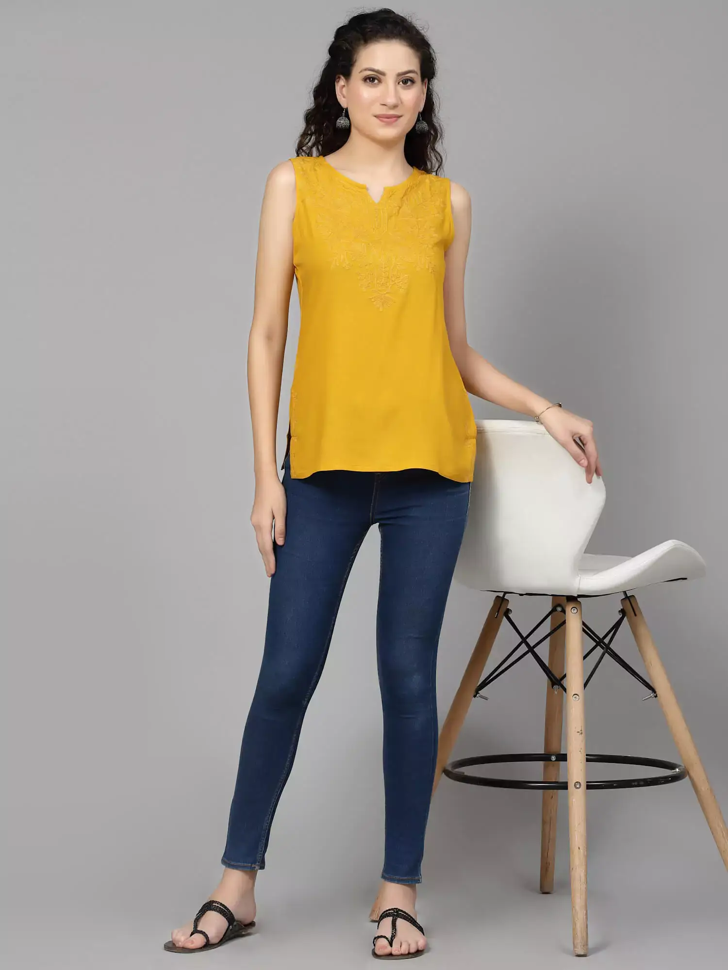 Mustard Self Embroidered Sleeveless Short Kurti - Image 3