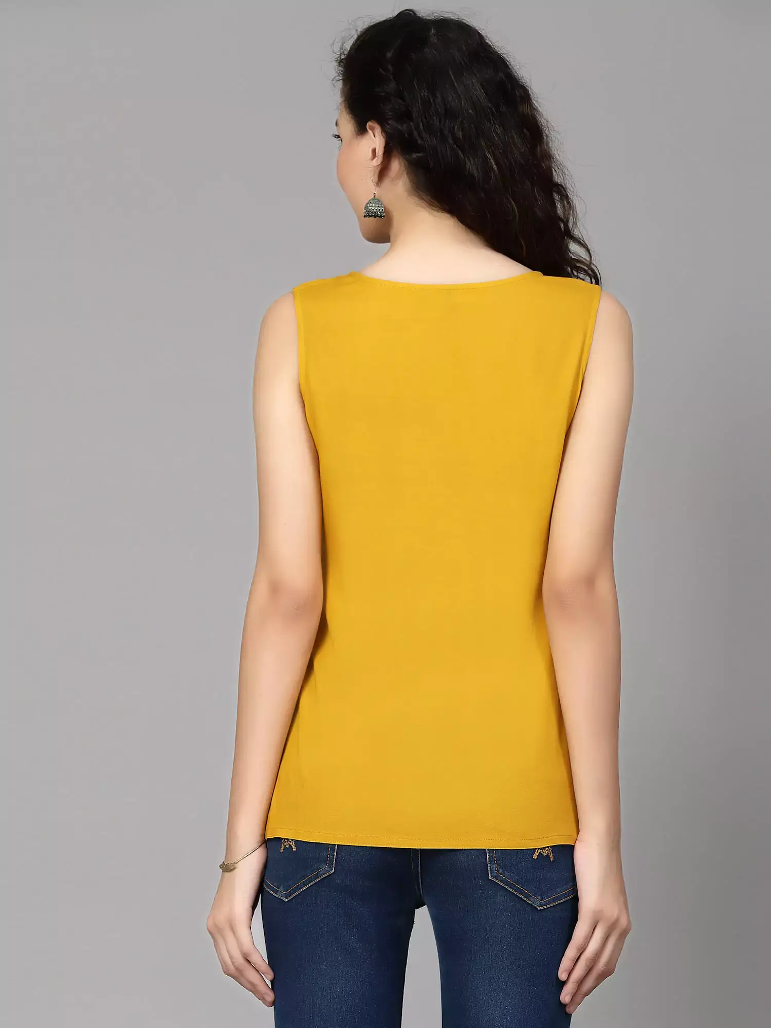 Mustard Self Embroidered Sleeveless Short Kurti - Image 5