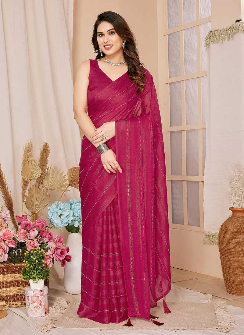 Wine Georgette Stone Embossed Pre Draped Elegant Saree With Blouse Party Wear
