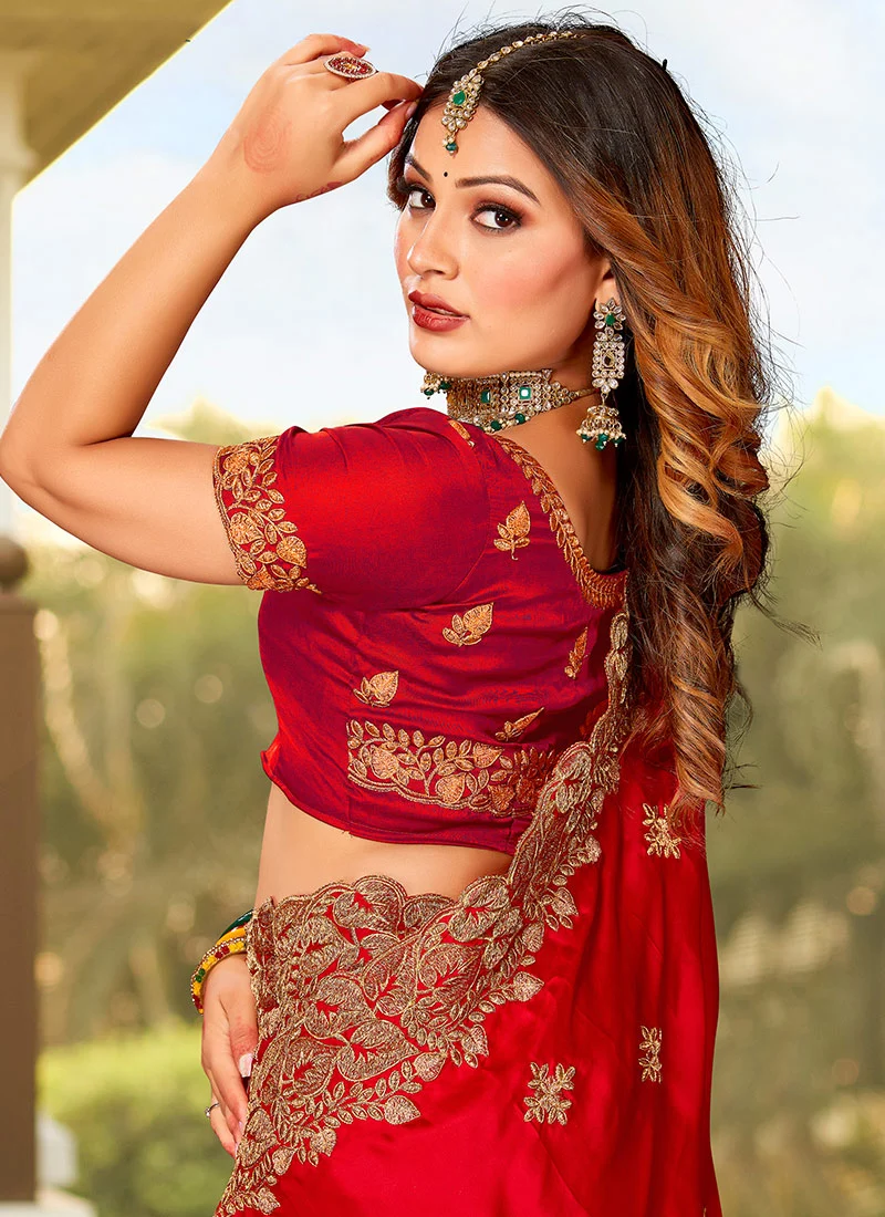 Red Satin Blend Embroidered Saree Party Wear - Image 2