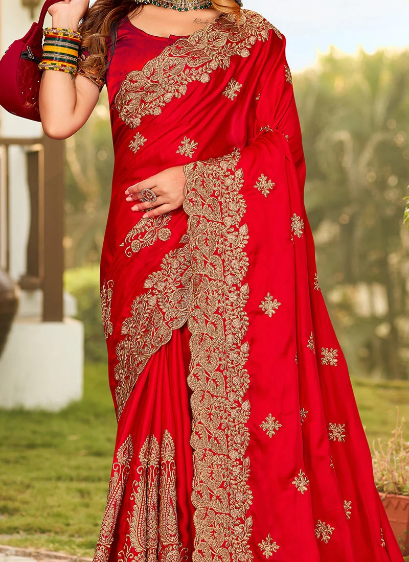 Red Satin Blend Embroidered Saree Party Wear - Image 3