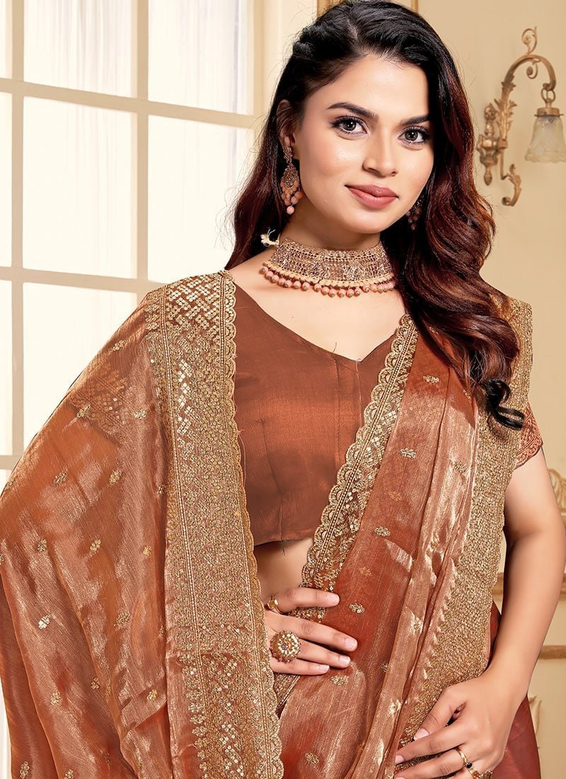 Zari Embroidered Sequins Saree Festive Wear - Image 6