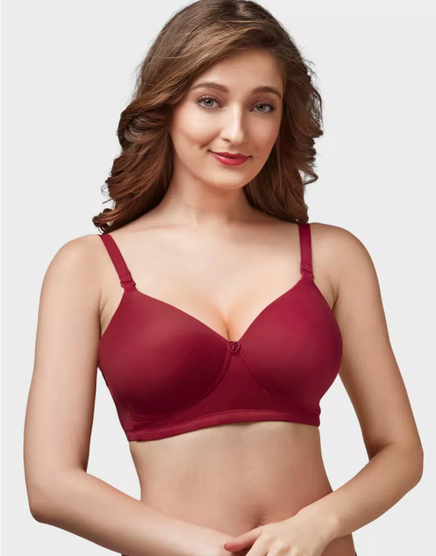 Wine Red Moulded Feather Non Padded Full Coverage Women Bra - Image 2