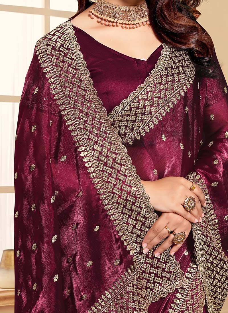 Zari Embroidered Sequins Saree Festive Wear - Image 10