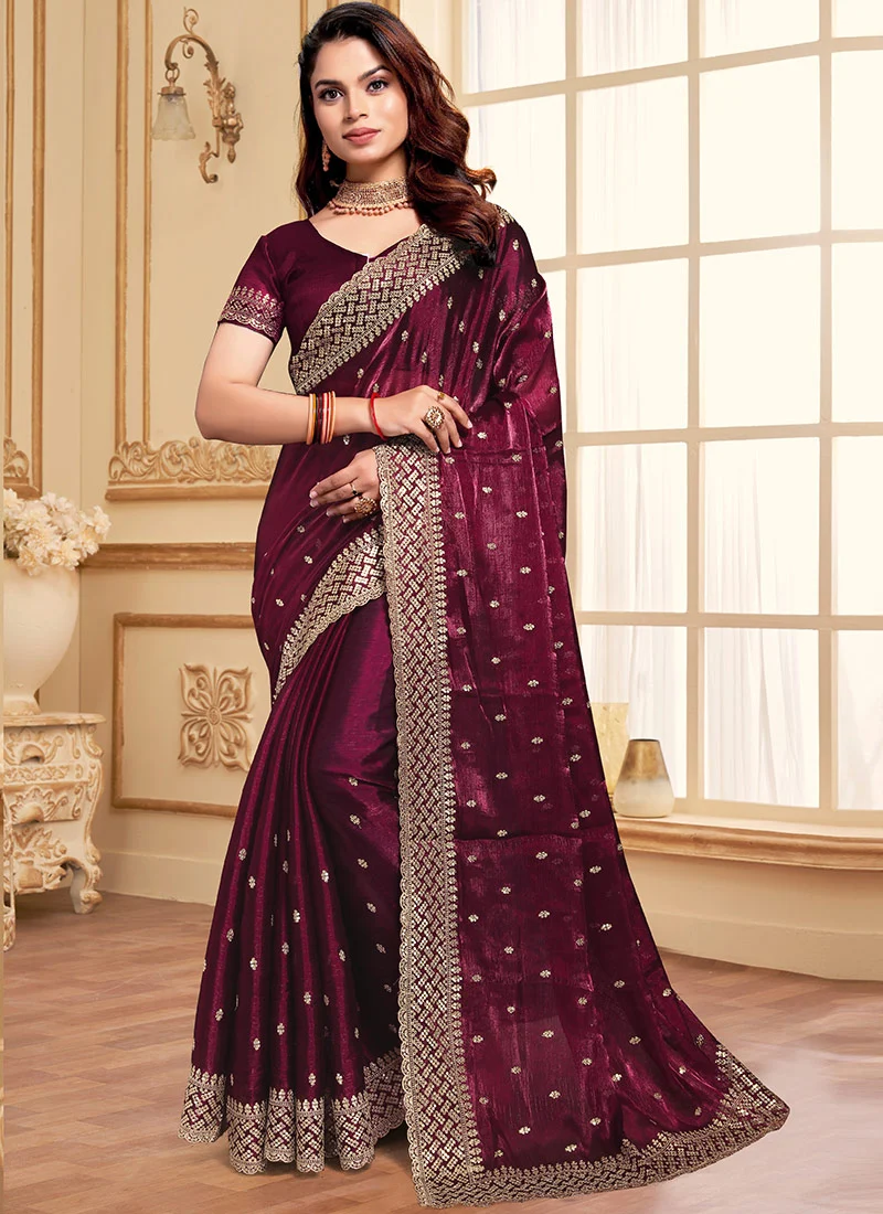Zari Embroidered Sequins Saree Festive Wear - Image 9