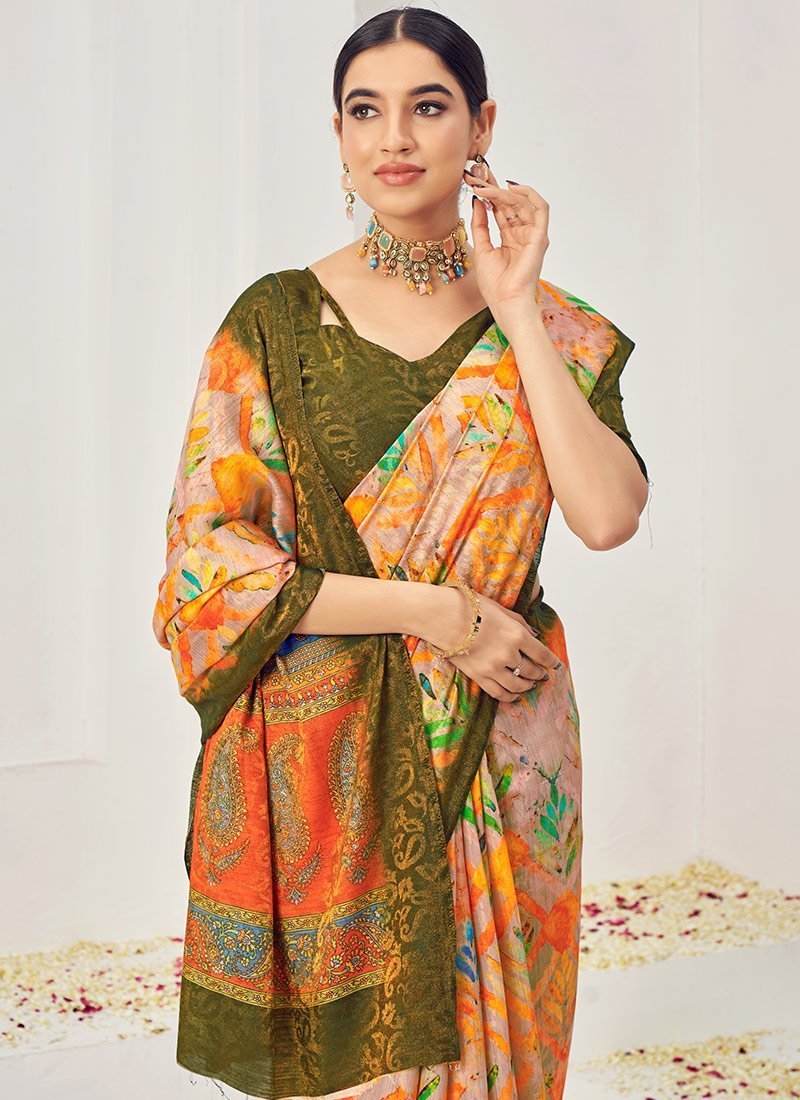 Women Jacquard Zari Woven Orange Digital Print Silk Saree With Blouse Festive Wear - Image 2