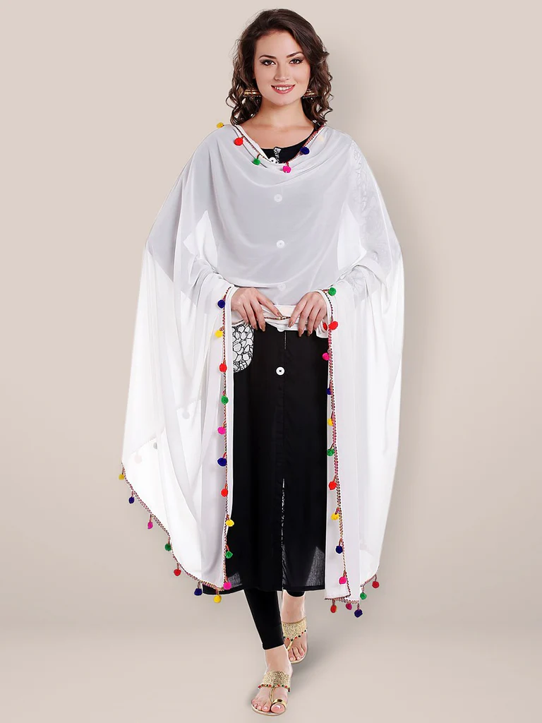 Chiffon Dupatta with Multicolored Pompom Balls - Image 7