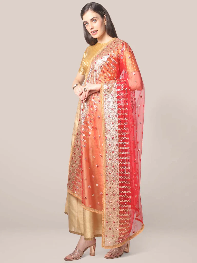 Red Net Dupatta with Sequins & Mirror Work - Image 2