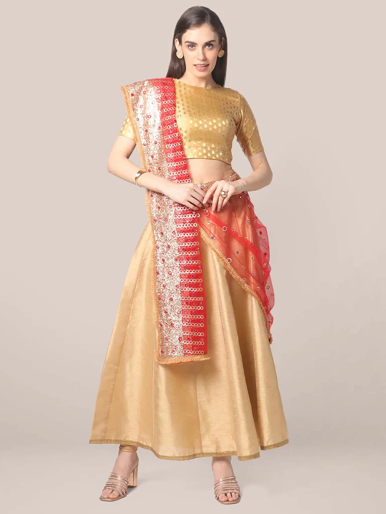 Red Net Dupatta with Sequins & Mirror Work - Image 3