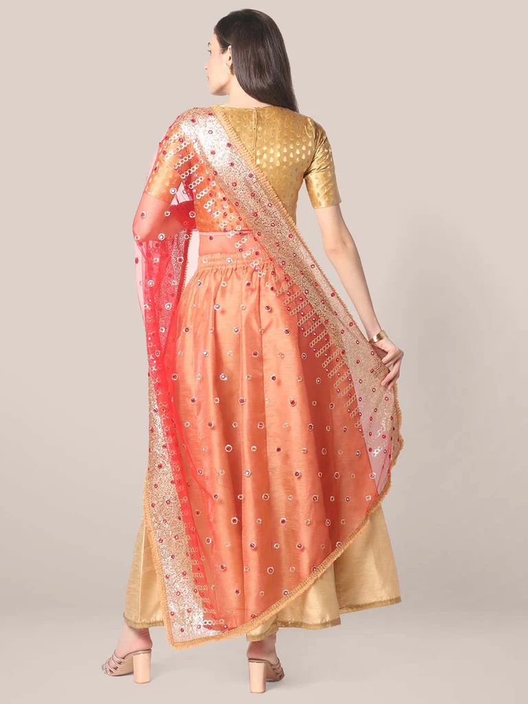 Red Net Dupatta with Sequins & Mirror Work - Image 4