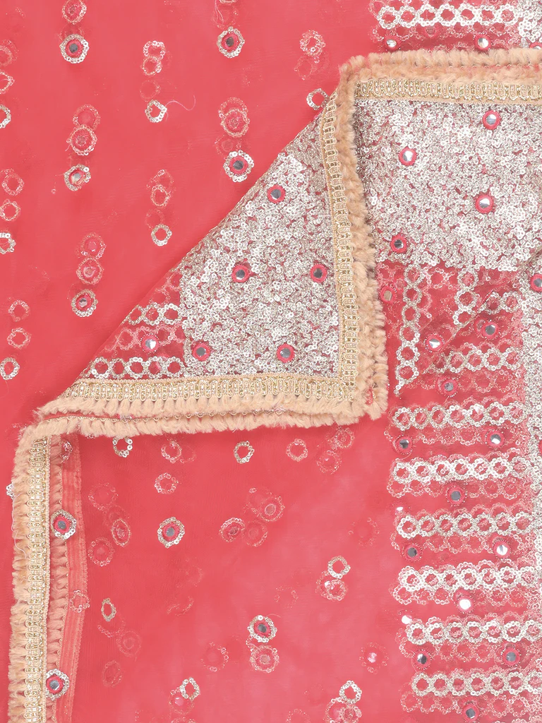 Red Net Dupatta with Sequins & Mirror Work - Image 6