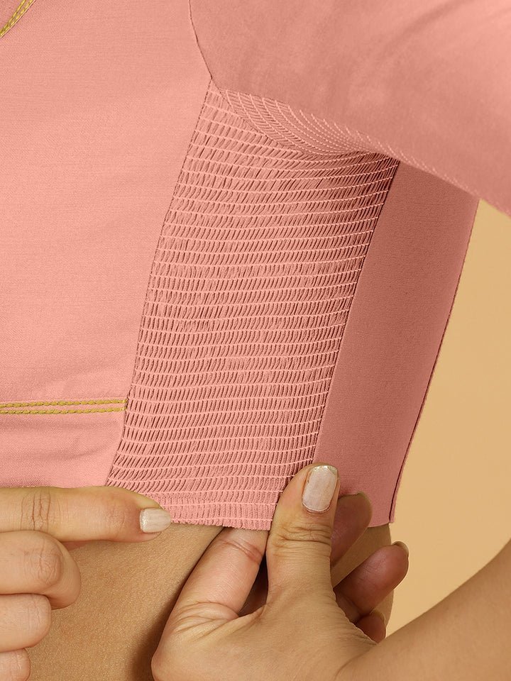 Erum x Rozaana | Elbow Sleeves Saree Blouse in Sea Pink - Image 3