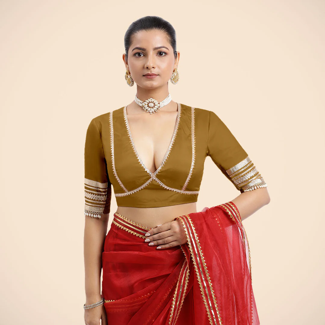 Nafeeza x Tyohaar | Bronze Gold Embellished Elbow Sleeves FlexiFi Saree Blouse with Plunging V Neckline with Tasteful Golden Gota Lace - Image 2