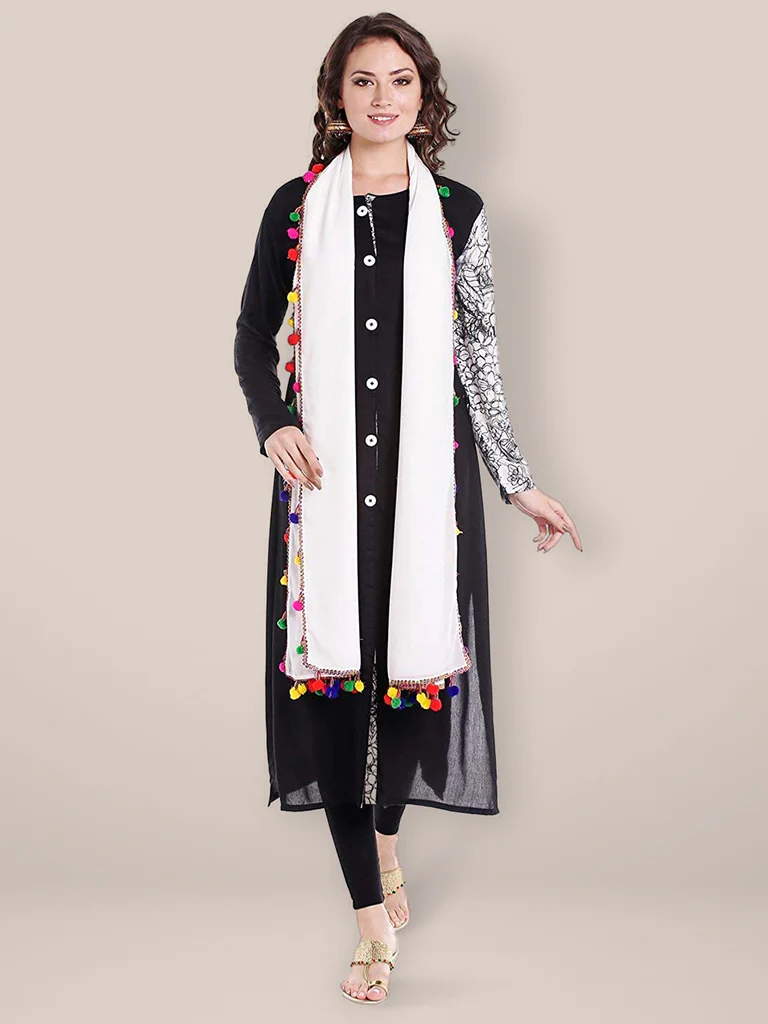 Chiffon Dupatta with Multicolored Pompom Balls - Image 8