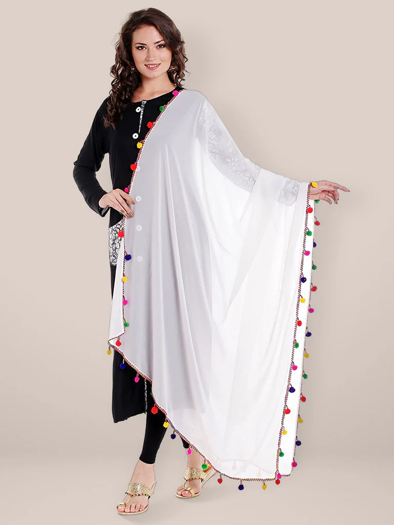 Chiffon Dupatta with Multicolored Pompom Balls - Image 9