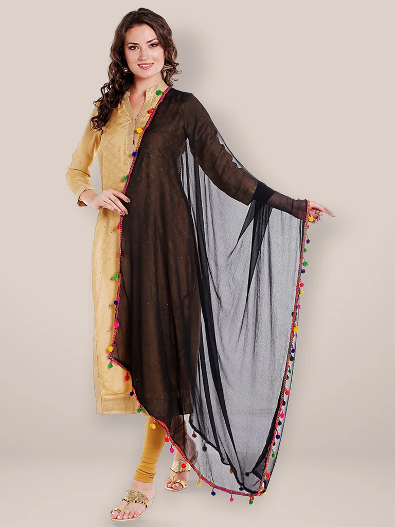 Black Chiffon Dupatta with Multicolored Pompom Balls - Image 2