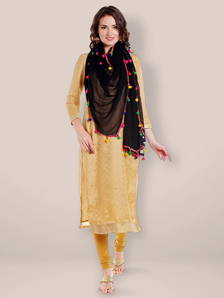 Black Chiffon Dupatta with Multicolored Pompom Balls - Image 3