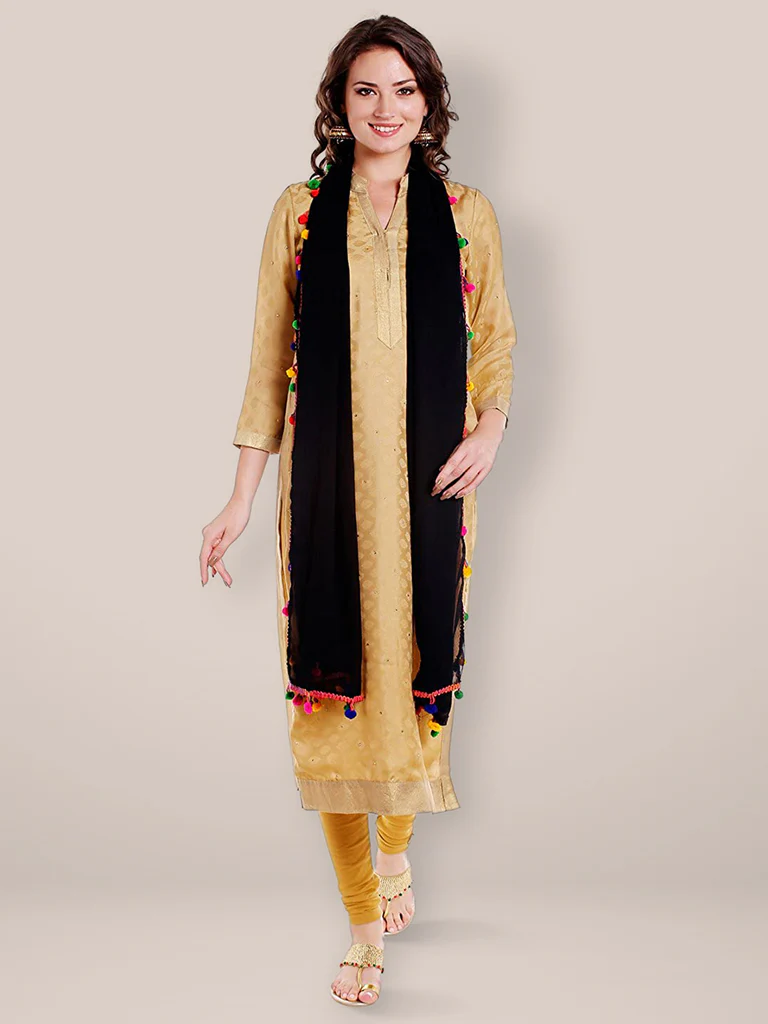Black Chiffon Dupatta with Multicolored Pompom Balls - Image 4