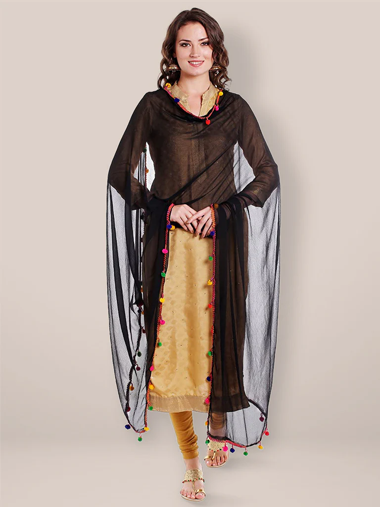 Black Chiffon Dupatta with Multicolored Pompom Balls - Image 5