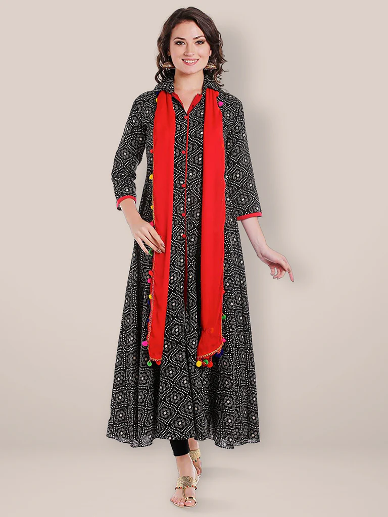 Red Chiffon Dupatta with Multicolored Pompom Balls - Image 2