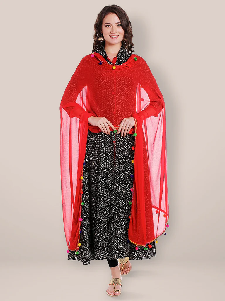 Red Chiffon Dupatta with Multicolored Pompom Balls - Image 4