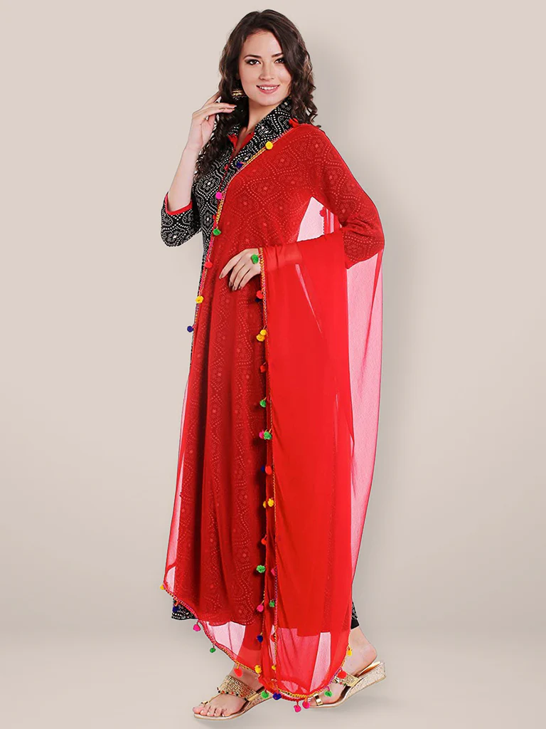Red Chiffon Dupatta with Multicolored Pompom Balls - Image 5